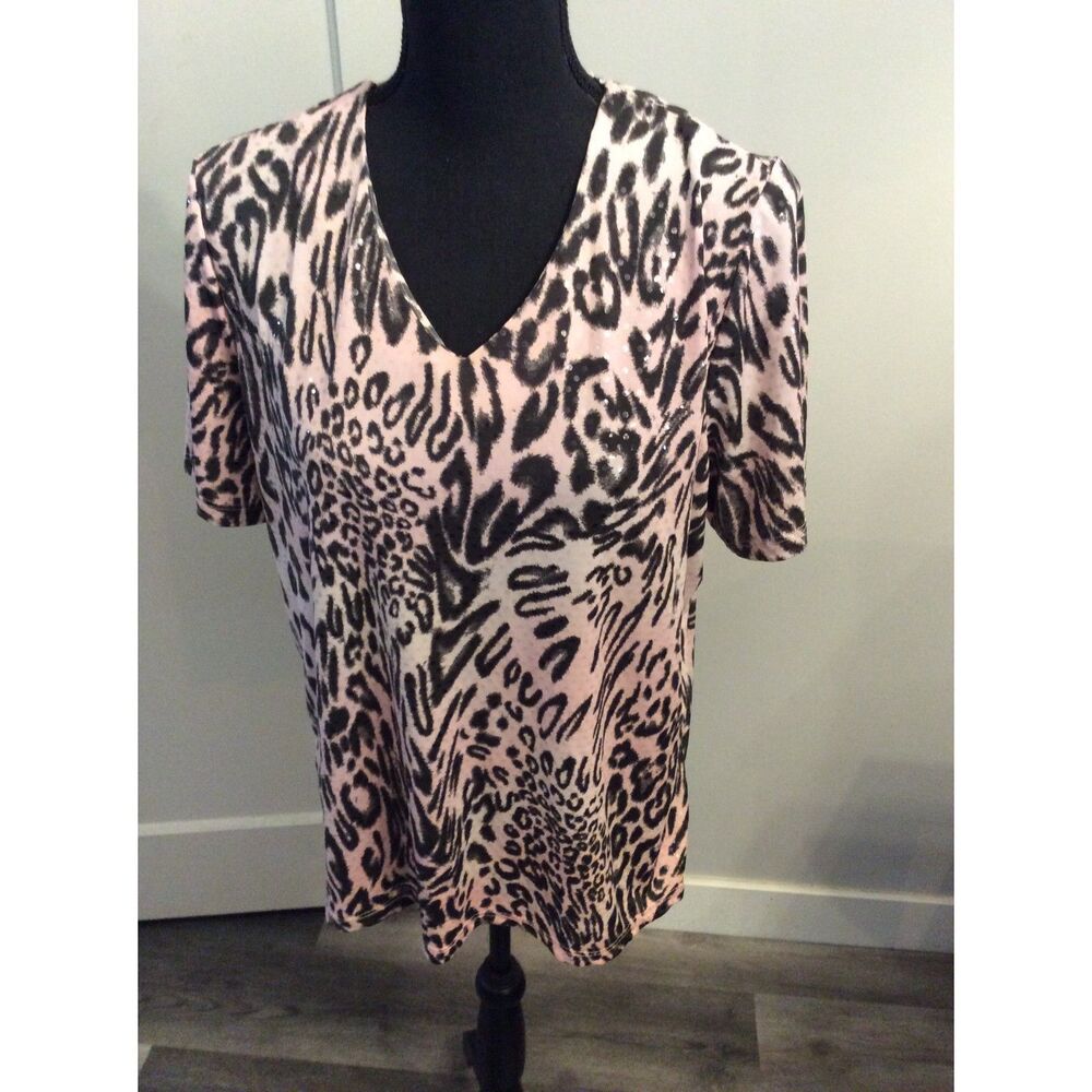 Susan Graver Large Pink Animal Print Bling Stretch Top